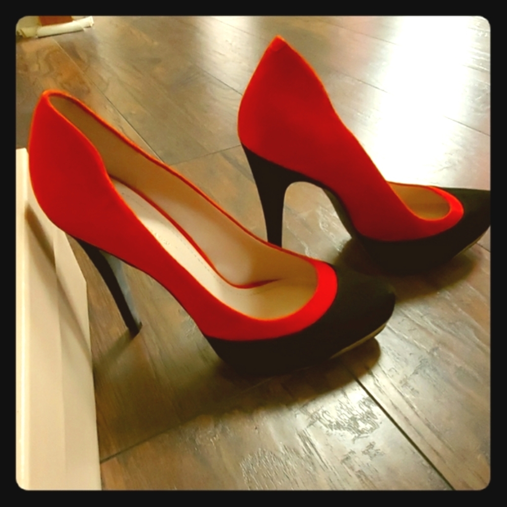 BCBGeneration Stiletto Suede Pandee Heels- black and burnt orange